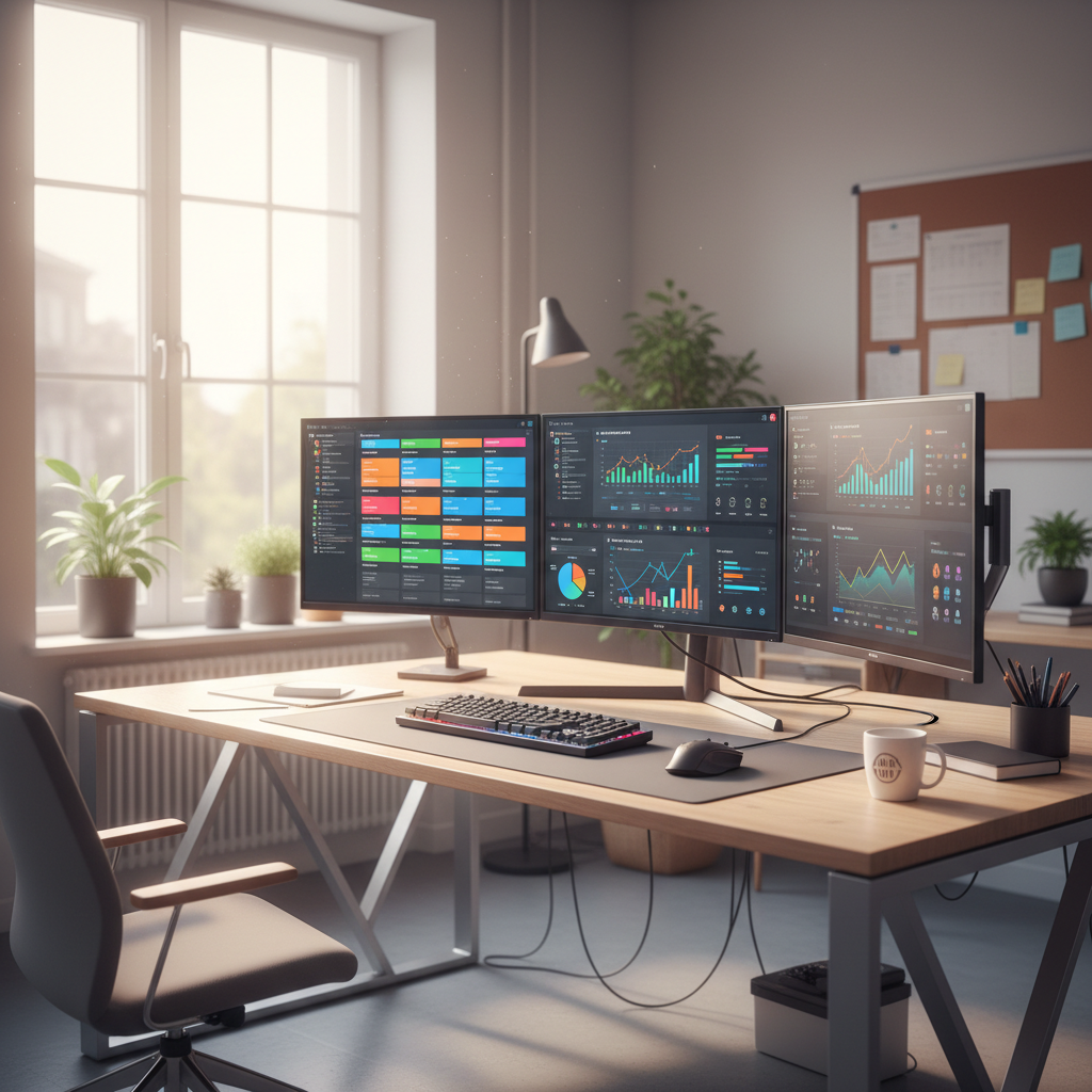 Modern software product dashboard on multiple screens in a professional workspace