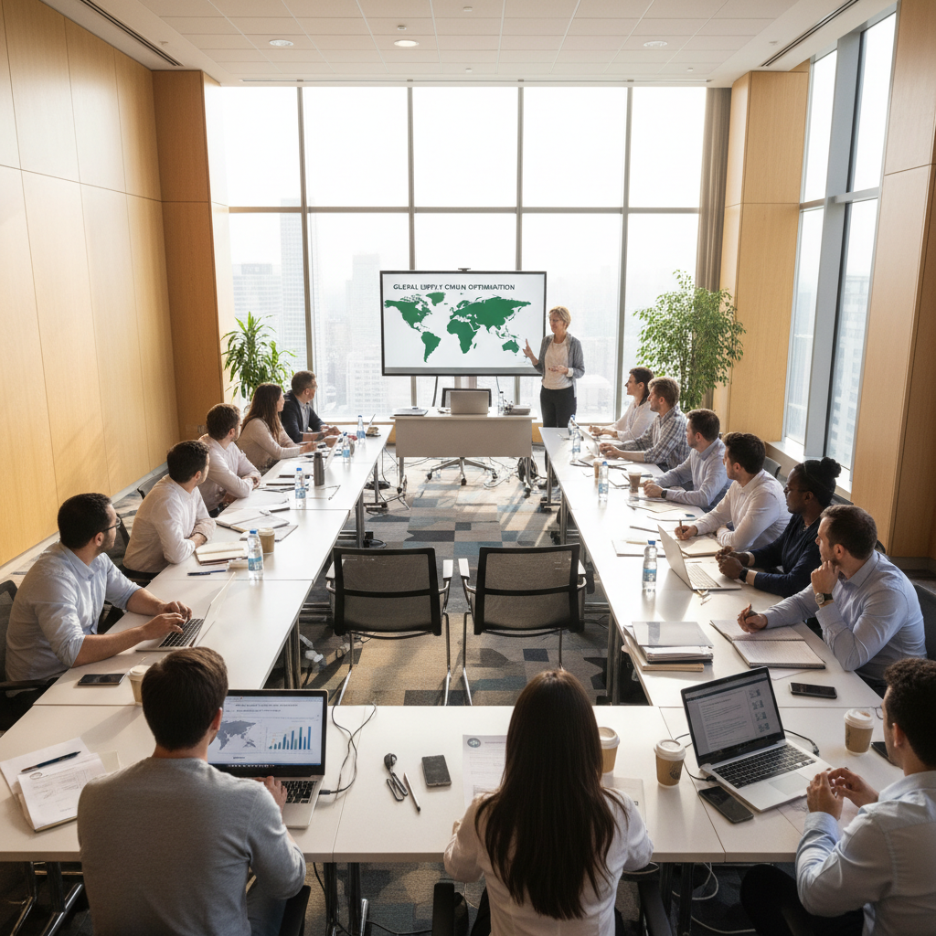 Professional business meeting with diverse team of executives in a modern conference room